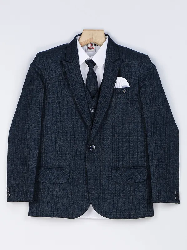Checks prussian blue terry rayon coat suit