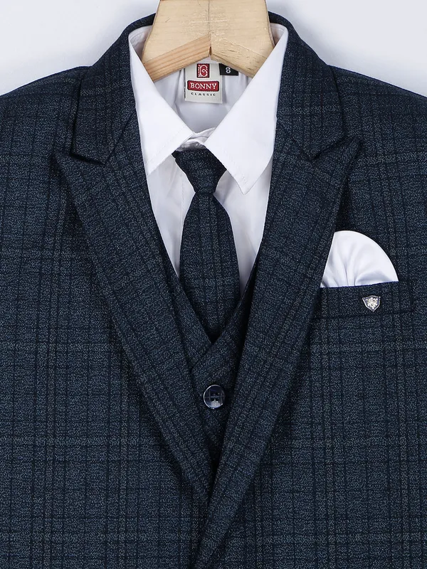 Checks prussian blue terry rayon coat suit