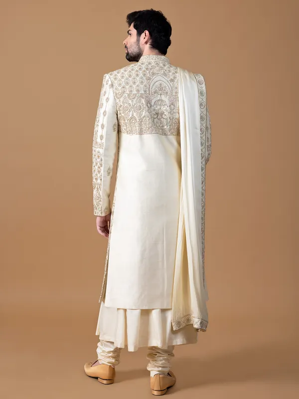 Chic beige raw silk groom sherwani