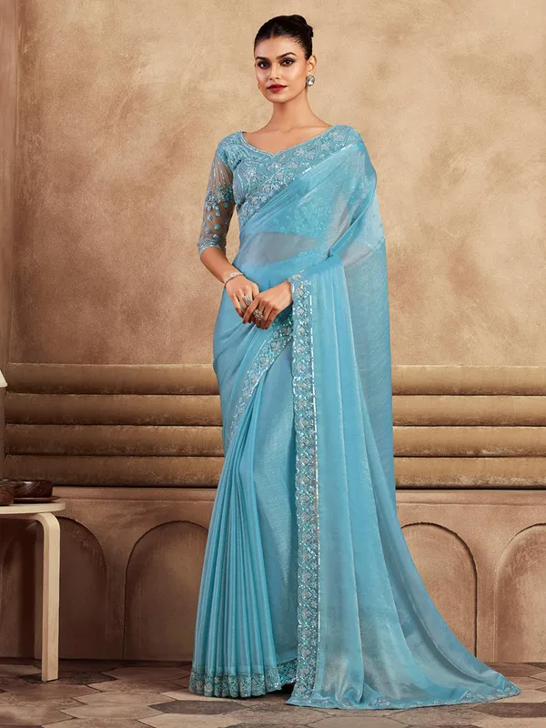 Chiffon silk sky blue party wear saree