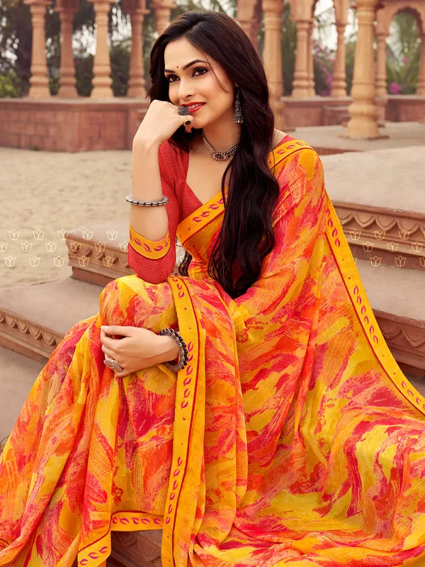 Chiffon yellow printed casual wear saree
