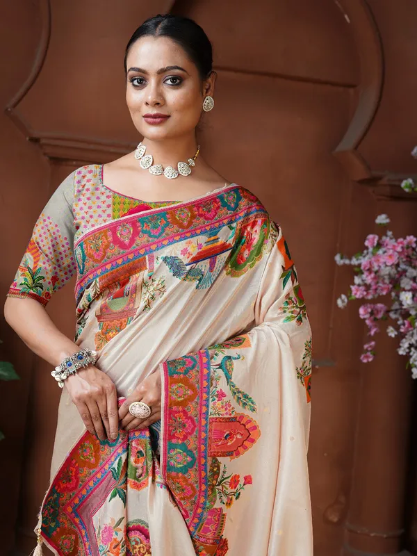 Chiku color resham weaving dola silk saree