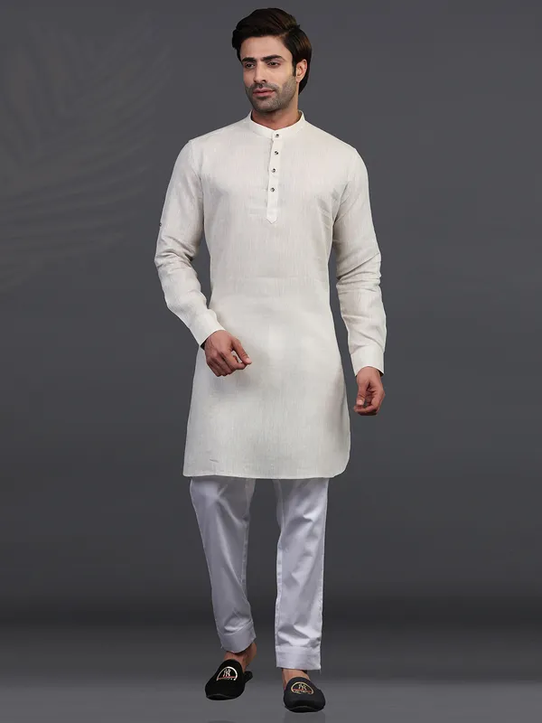 Chinese collar cream linen kurta pajama