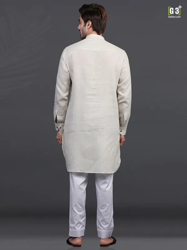 Chinese collar cream linen kurta pajama