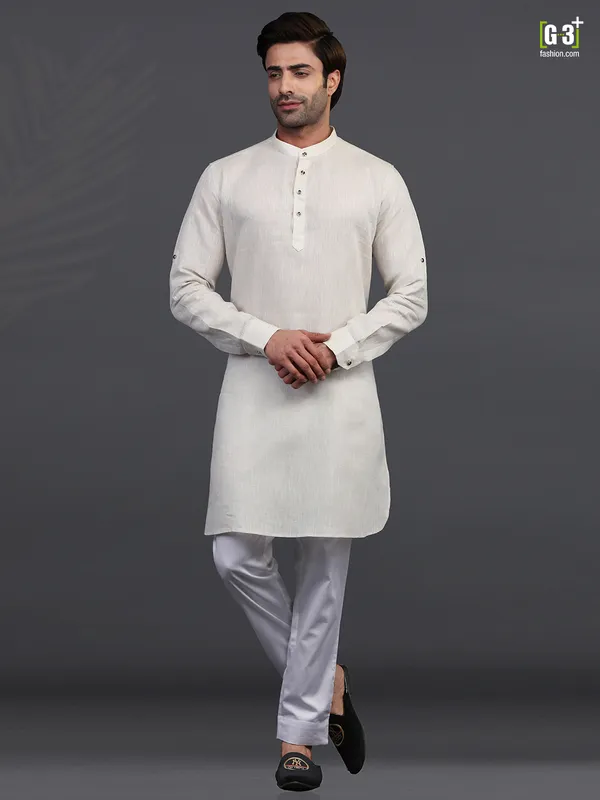 Chinese collar cream linen kurta pajama