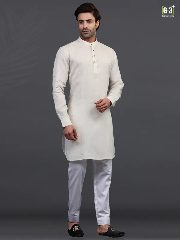 Chinese collar cream linen kurta pajama