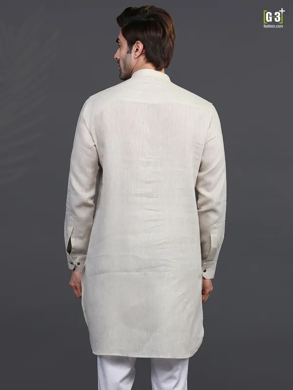 Chinese collar cream linen mens kurta