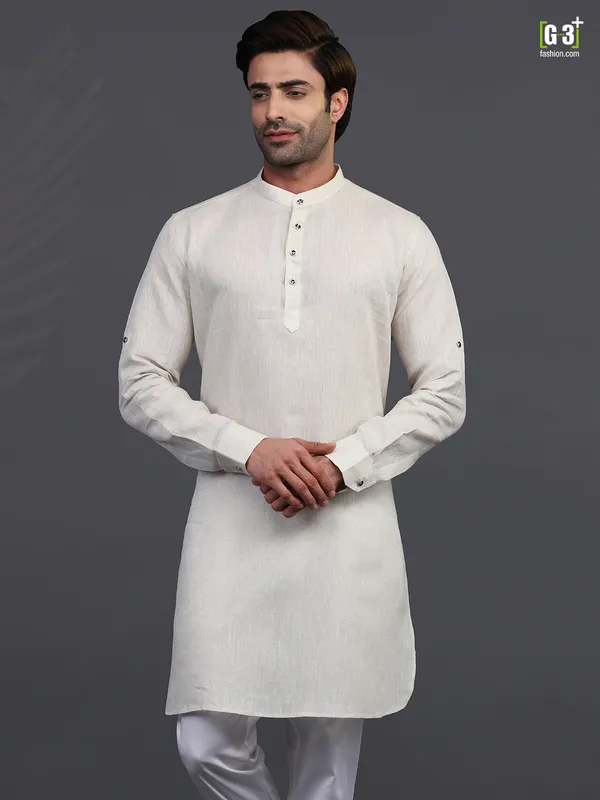 Chinese collar cream linen mens kurta