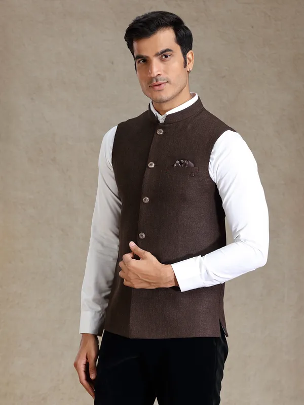 Choco brown jute fabricated waistcoat for men