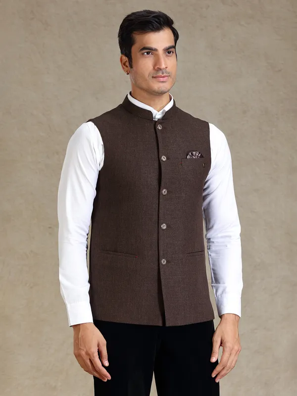 Choco brown jute fabricated waistcoat for men