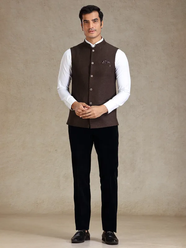Choco brown jute fabricated waistcoat for men