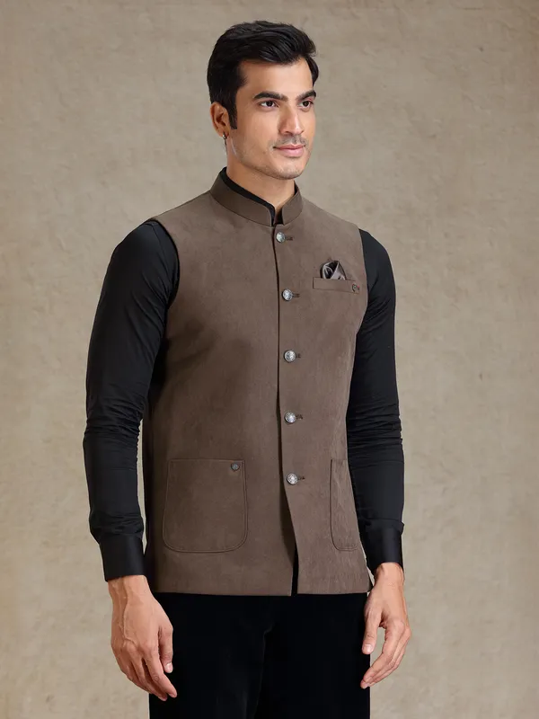 Choco brown jute nehru jacket for men