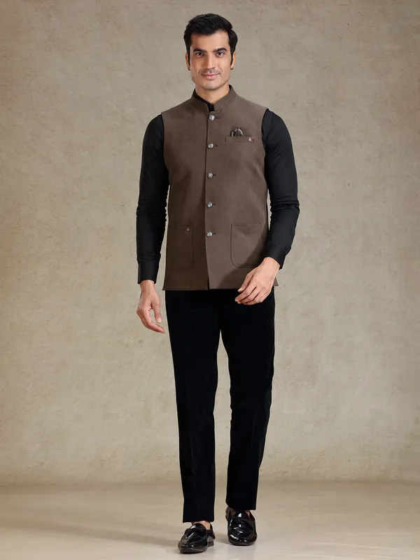 Choco brown jute nehru jacket for men