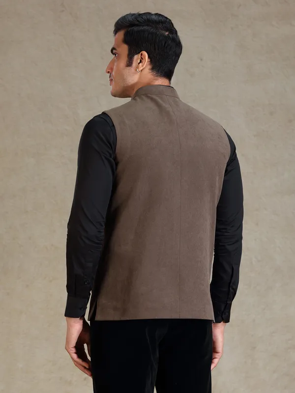 Choco brown jute nehru jacket for men
