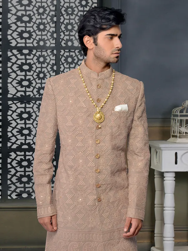 Brown silk designer sherwani set