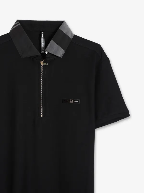 Chopstick black plain cotton polo t shirt