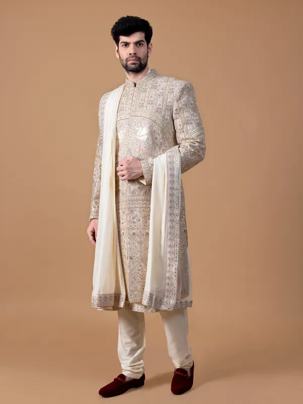 Claasic beige raw silk sherwani