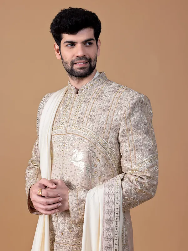 Claasic beige raw silk sherwani