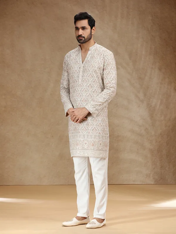 Classic beige georgette menfestive kurta suit