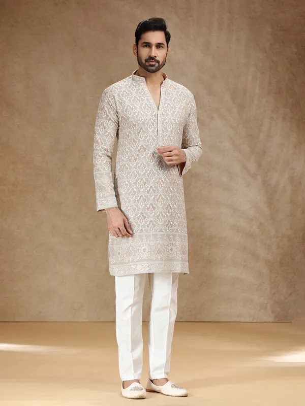 Classic beige georgette menfestive kurta suit