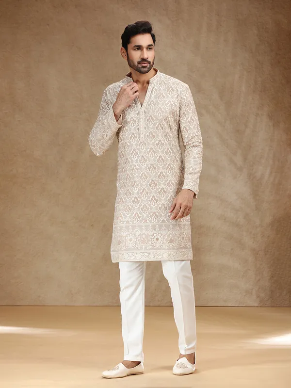 Classic beige georgette menfestive kurta suit