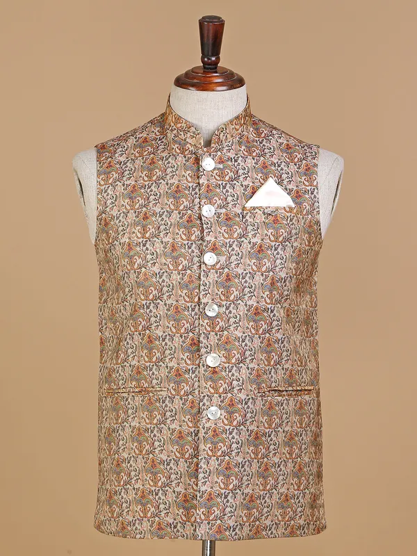 Classic beige silk printed waistcoat