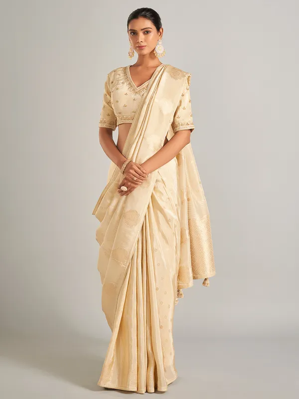 Classic beige silk saree with zari work