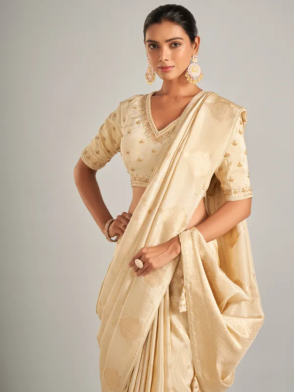 Classic beige silk saree with zari work