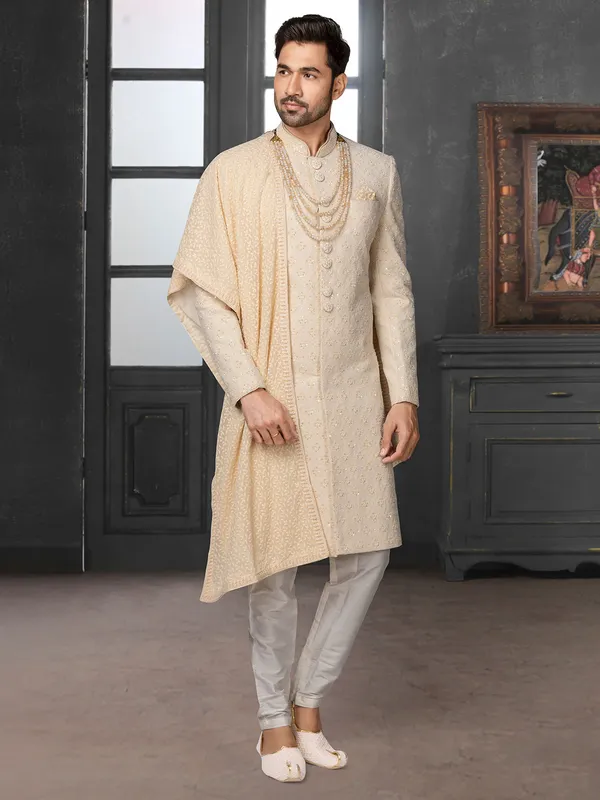 Classic beige silk thread work sherwani