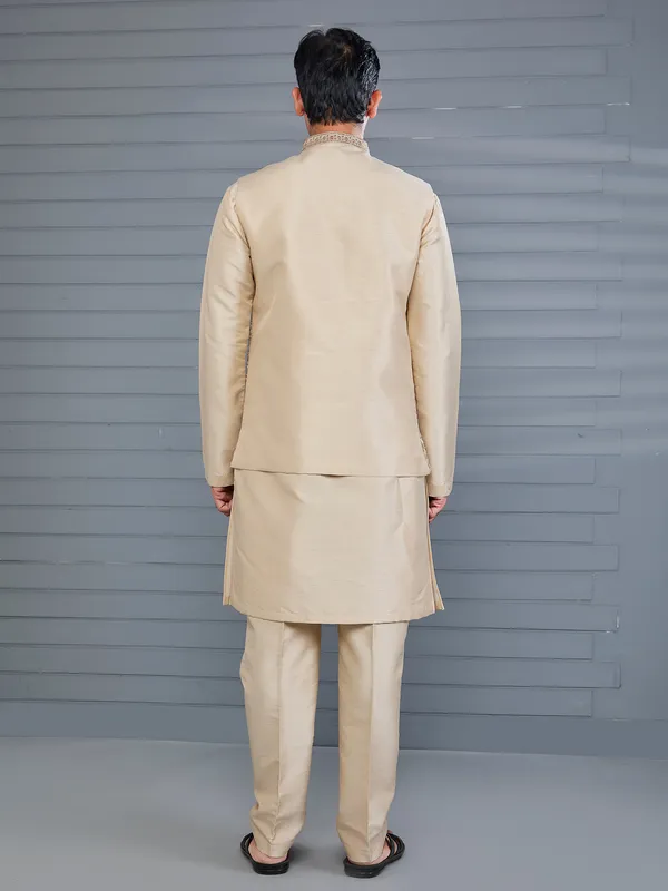 Classic beige silk wedding wear waistcoat set