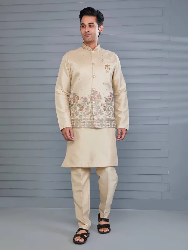 Classic beige silk wedding wear waistcoat set