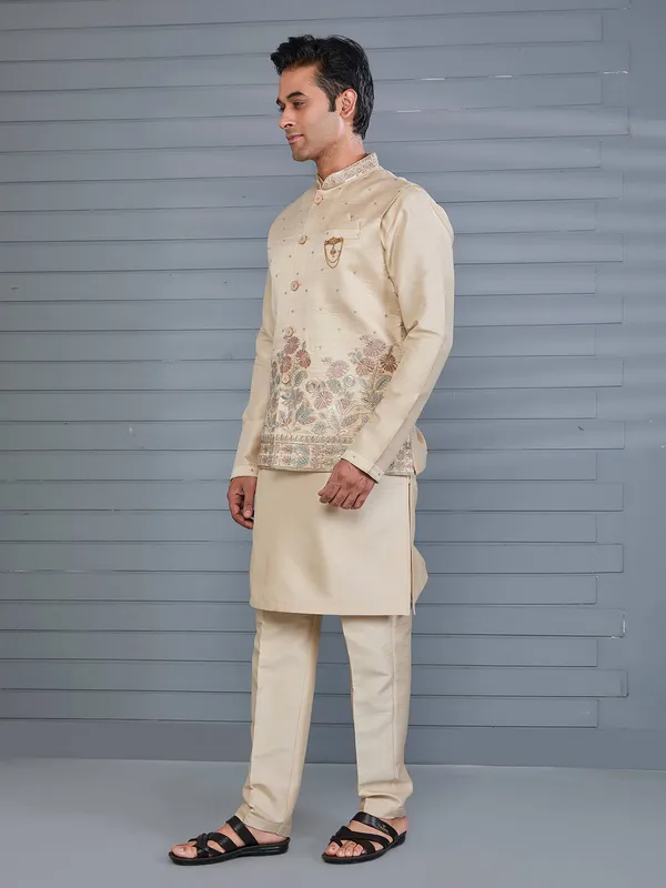 Classic beige silk wedding wear waistcoat set