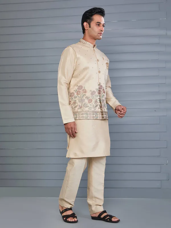 Classic beige silk wedding wear waistcoat set