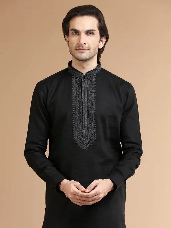 Classic black linen kurta suit