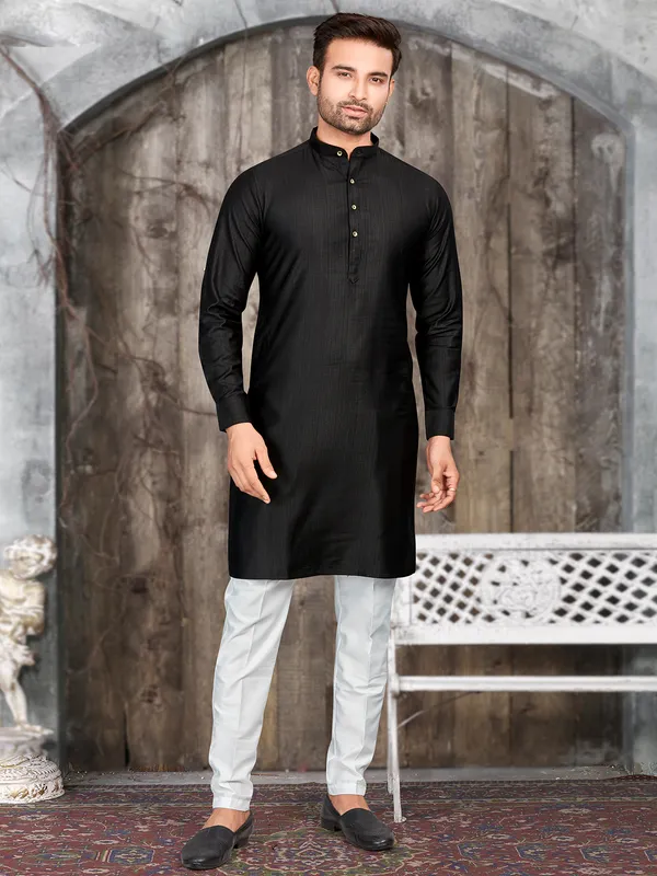 Classic black plain silk  Men Kurta pajama