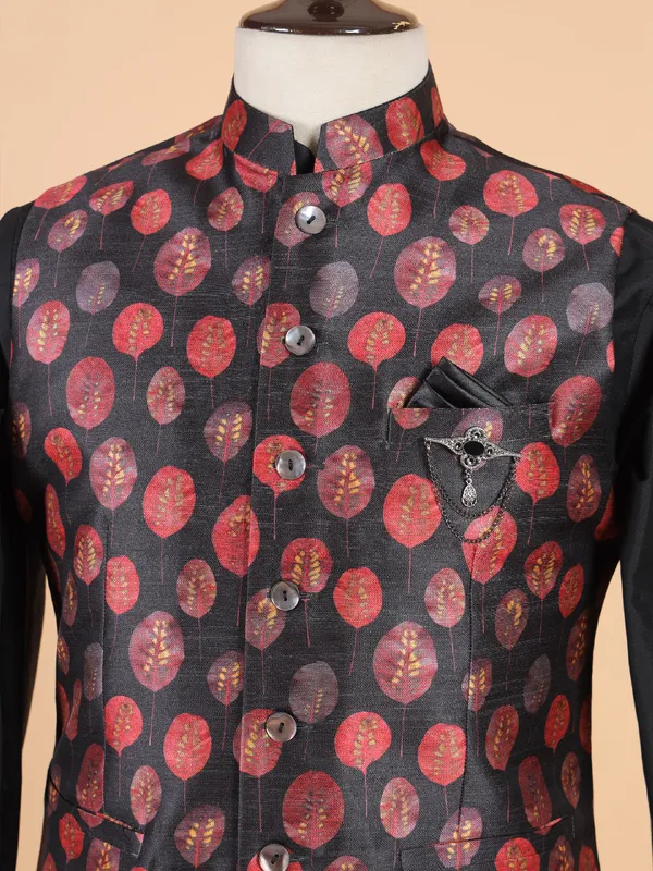 Classic black printed silk waistcoat set