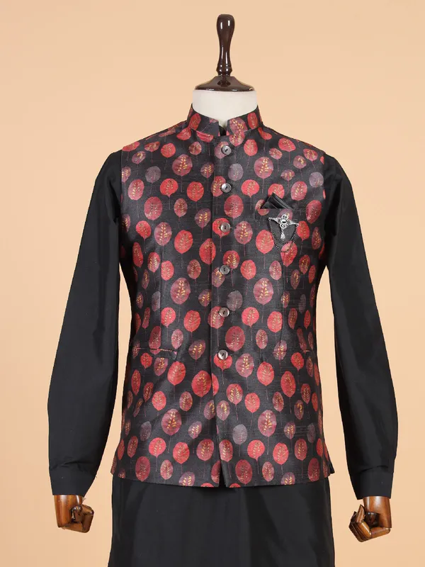 Classic black printed silk waistcoat set