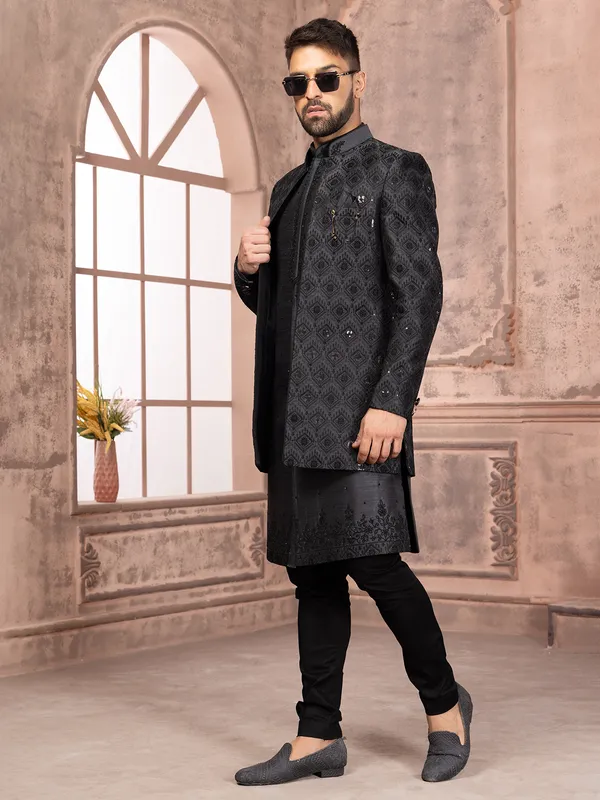 Classic black silk indowestern