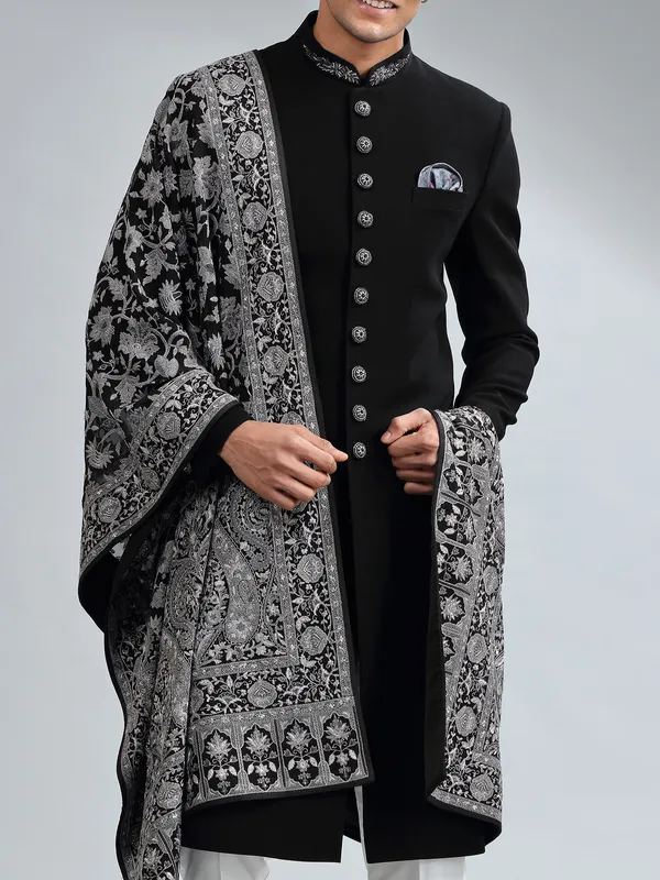 Classic black terry rayon sherwani