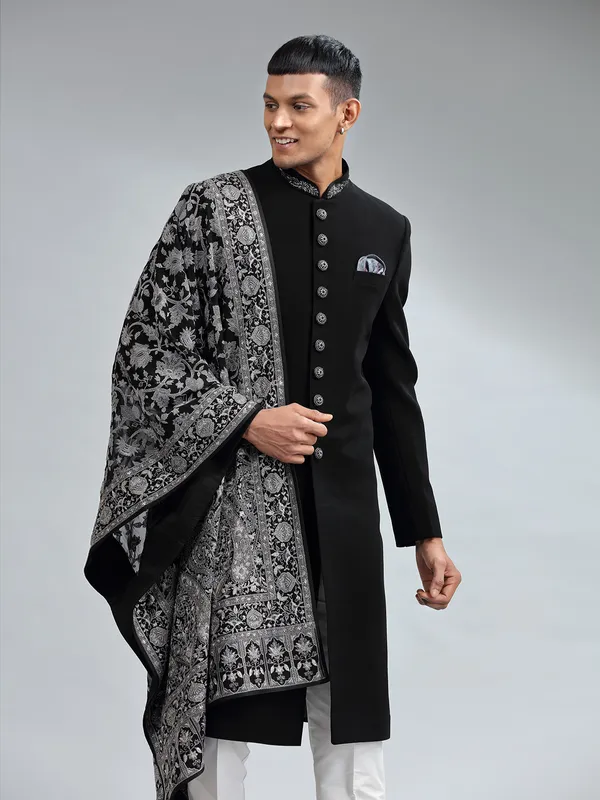 Classic black terry rayon sherwani
