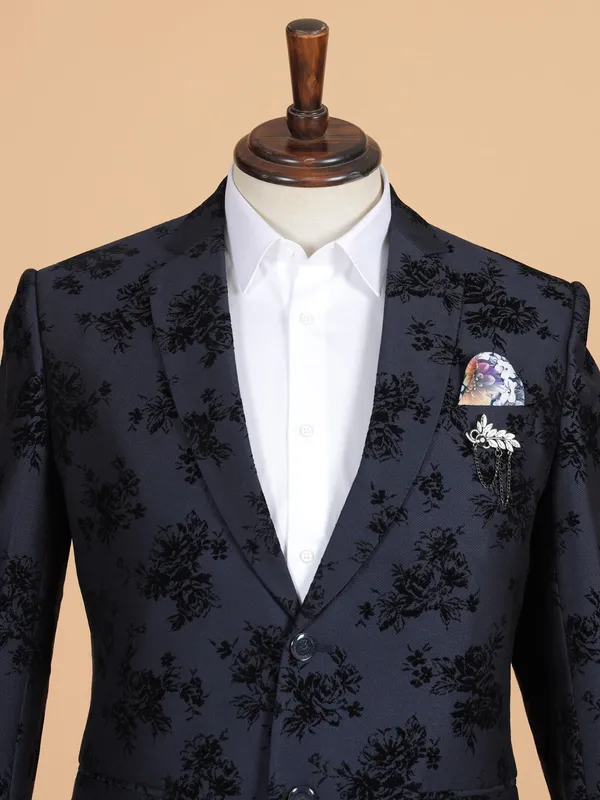 Classic blue printed blazer in terry rayon