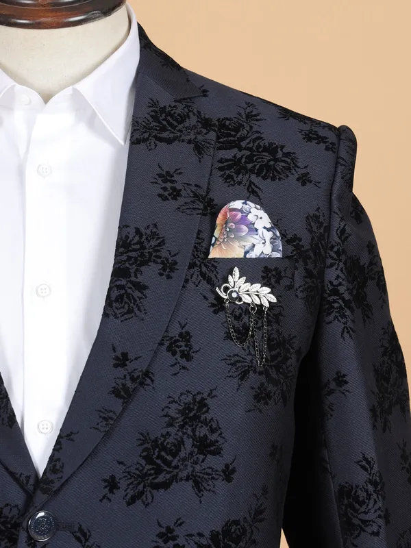 Classic blue printed blazer in terry rayon