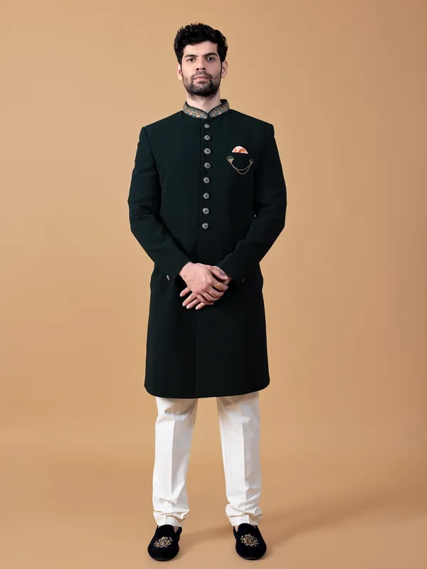 Classic bottle green indowestern in terry rayon