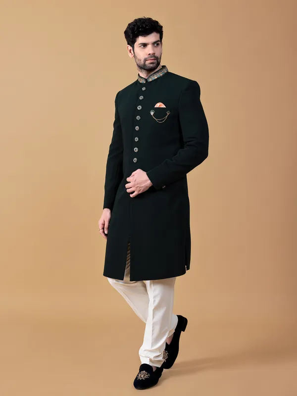 Classic bottle green indowestern in terry rayon