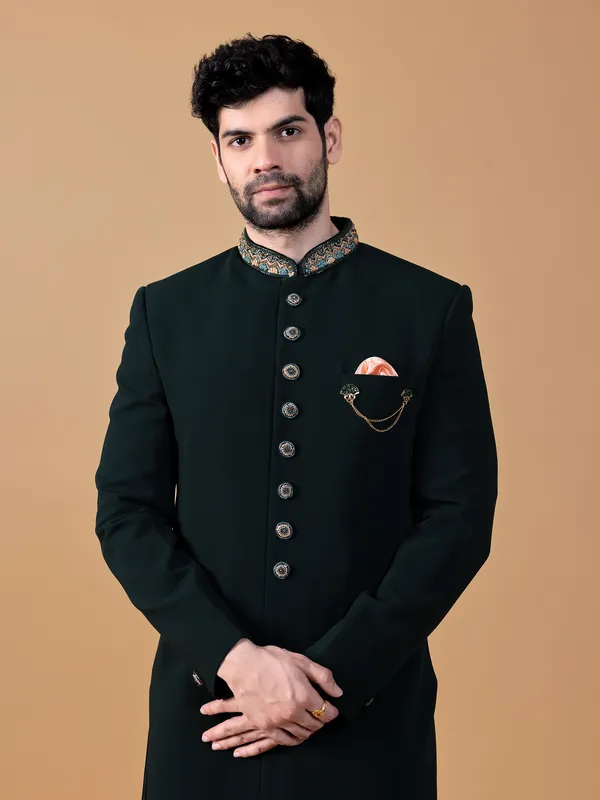 Classic bottle green indowestern in terry rayon