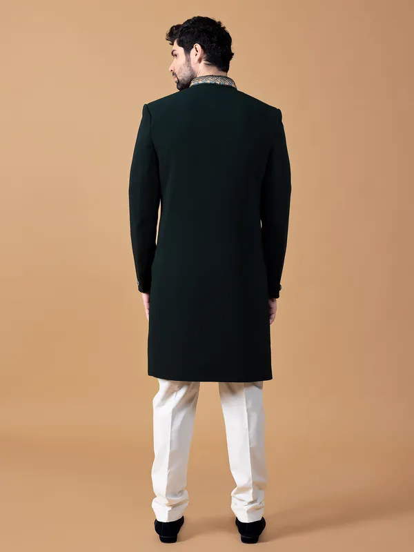 Classic bottle green indowestern in terry rayon