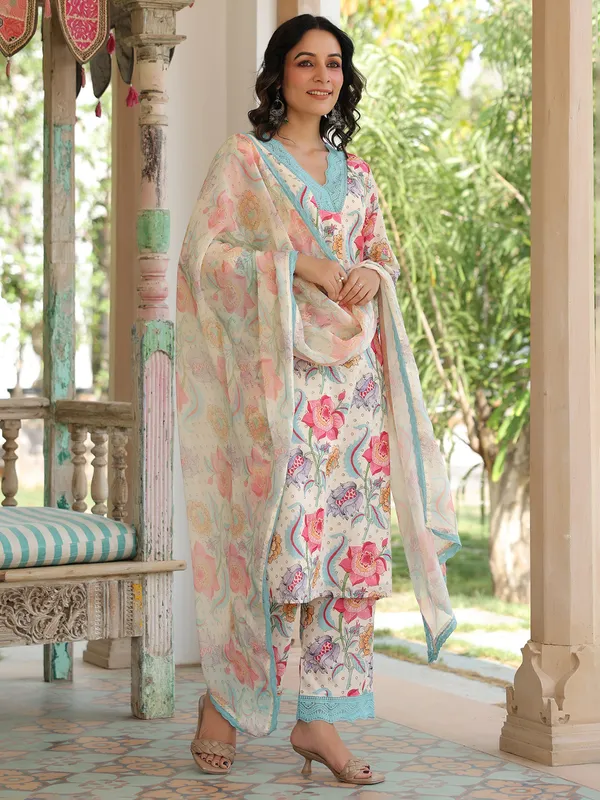 Classic cream cotton kurti set with dupatta