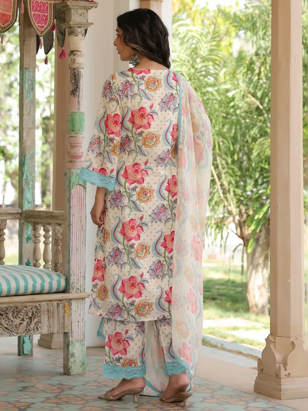 Classic cream cotton kurti set with dupatta