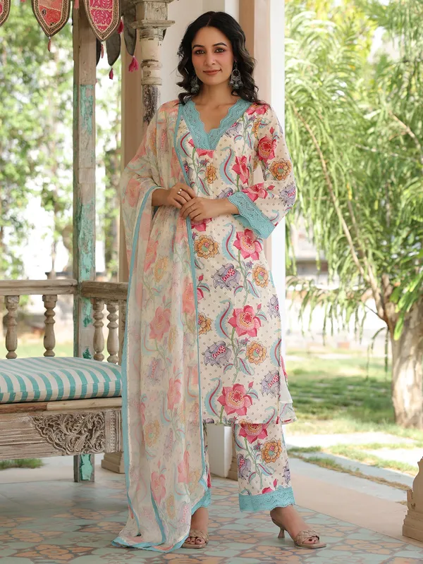 Classic cream cotton kurti set with dupatta