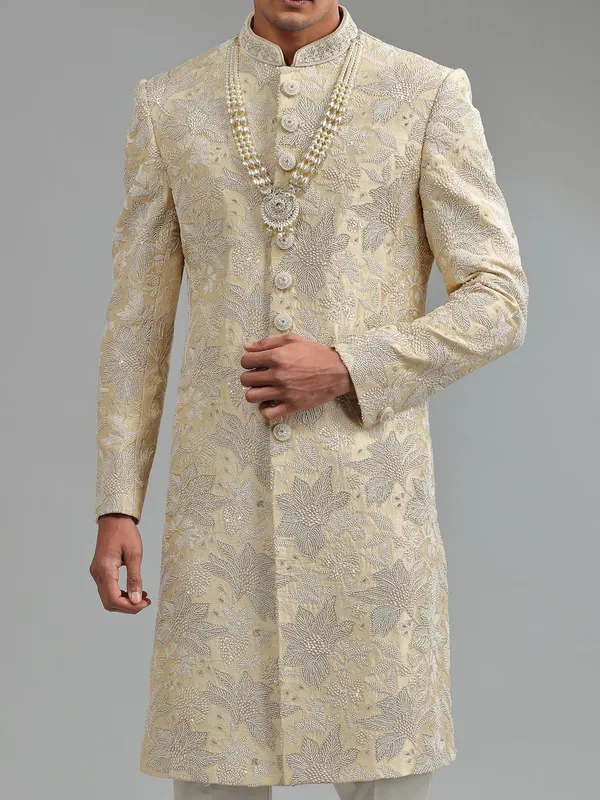 Classic cream raw silk sherwani